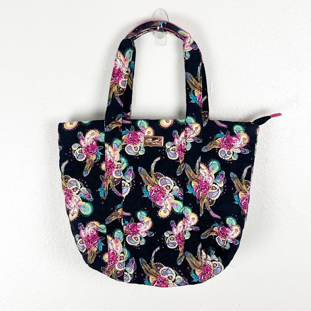 BETSEY JOHNSON Black Paisley Print Double Straps Top Zipper Closure Tote Bag